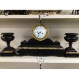 ANTIQUE 1906 MEDALLIE DOR PARIS SLATE MANTLE CLOCK WITH MATCHING GARNITURE