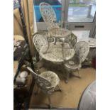 VINTAGE ALUMINUM GARDEN TABLE WITH FOUR MATCHING CHAIRS