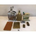 MIXED COLLECTION OF CAR FLASKS, CIGARETTE CASES, AND LIGHTERS. INCLUDES ROLLS-ROYCE AND MORE.