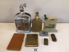 MIXED COLLECTION OF CAR FLASKS, CIGARETTE CASES, AND LIGHTERS. INCLUDES ROLLS-ROYCE AND MORE.