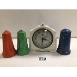 SMITHS SECTRIC WHITE BAKELITE CLOCK WITH THREE COLORED BAKELITE PEPPER SHAKERS