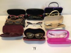 NINE PAIRS OF LADIES RETRO-STYLED 1950/60s CAT-EYE SPECTACLES. ONE A/F. NO BRAND MARKINGS ON THE