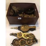 VINTAGE COLLECTION OF HORSE BRASS MEDALLION STRAPS WITH FIRE BELLOWS.