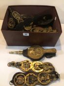 VINTAGE COLLECTION OF HORSE BRASS MEDALLION STRAPS WITH FIRE BELLOWS.