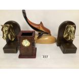 PAIR OF BRASS HORSE HEAD ON WOOD BOOKENDS, FINS OF KNYSNA YELLOWWOOD DOLPHIN SCULPTURE, AND THE