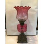 LARGE VINTAGE PINK GLASS AND BRASS OIL LAMP (A/F).