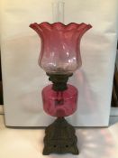 LARGE VINTAGE PINK GLASS AND BRASS OIL LAMP (A/F).