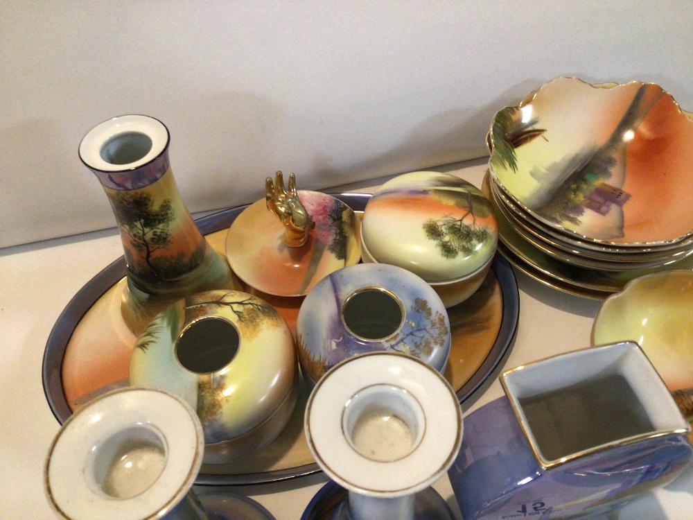 COLLECTION OF NORITAKE WARE PAINTED RIVER LANDSCAPES, INCLUDING PART DRESSING TABLE SET. - Image 4 of 6
