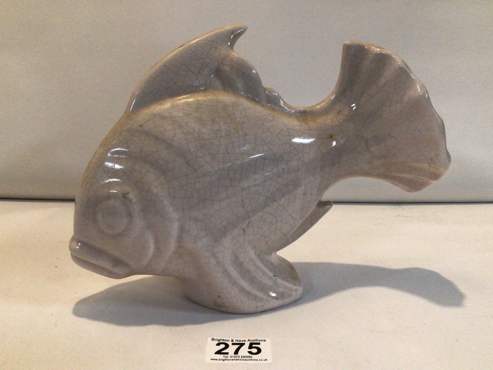 ART DECO LARGE CRACKLE GLAZED FISH 1930S, 26CM