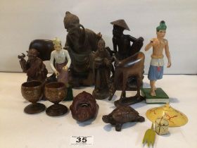 TWO CHINESE CARVED HARDWOOD FIGURES, AND SUNDRY OF WOODEN FIGURES AND ITEMS.