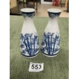 TWO PORCELAIN SMALL VASES DECORATED IN BAMBOO MARKS TO BASE, 13CM