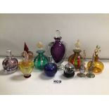QUANTITY OF GLASS PERFUME BOTTLES, RIBBONED GLASS AND MORE
