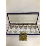 BOXED SET OF SIX WINE GLASSES, ITALY WITH A GLASS VASE