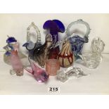 QUANTITY OF GLASS BIRDS AND ANIMALS WITH OTHER COLOURED GLASS INCLUDES MURANO