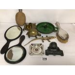 MIXED ITEMS, FLASK, BRUSH, MIRRORS, INKWELLS, AND MORE