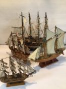FOUR VINTAGE WOODEN MODEL SHIPS. INCLUDES MAYFLOWER, H.M.S AGAMEMNON, AND TWO MORE. SOME A/F.