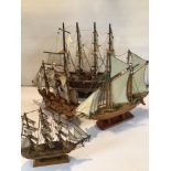 FOUR VINTAGE WOODEN MODEL SHIPS. INCLUDES MAYFLOWER, H.M.S AGAMEMNON, AND TWO MORE. SOME A/F.