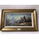 SIGNED ZONQIS OIL ON BOARD OF A WINTER LANDSCAPE WITH FIGURES. IN GILT FRAME. 41CM X 21CM.