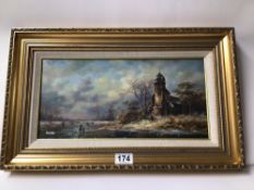 SIGNED ZONQIS OIL ON BOARD OF A WINTER LANDSCAPE WITH FIGURES. IN GILT FRAME. 41CM X 21CM.