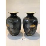 PAIR OF JAPANESE-STYLED PORCELAIN VASES IN MATT BLACK AND GILT. ONE A/F.