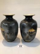 PAIR OF JAPANESE-STYLED PORCELAIN VASES IN MATT BLACK AND GILT. ONE A/F.