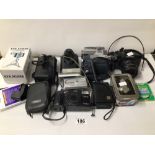 MIXED BOX OF CAMERAS, DIGITAL VIDEO CAMERAS, ACCESSORIES, AND MORE. INCLUDING OLYMPUS, PANASONIC,