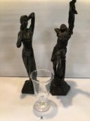 PATRICK MCMAHON ENGRAVED CRYSTAL GOBLET OTTER, 1980. WITH TWO RESIN FIGURINES OF LADIES.