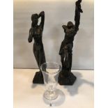 PATRICK MCMAHON ENGRAVED CRYSTAL GOBLET OTTER, 1980. WITH TWO RESIN FIGURINES OF LADIES.