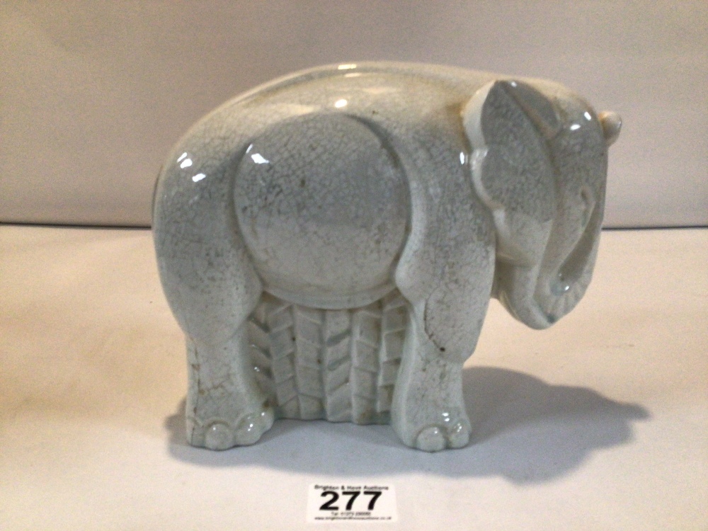 FRENCH ART DECO 1930S SAINT CLEMENT GEOMETRIC CRACKLE GLAZE CERAMIC ELEPHANT A/F, 22CM