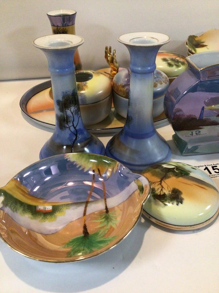 COLLECTION OF NORITAKE WARE PAINTED RIVER LANDSCAPES, INCLUDING PART DRESSING TABLE SET. - Image 3 of 6