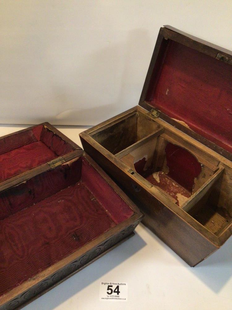 TWO VICTORIAN SARCOPHAGUS-SHAPED WOODEN BOXES. ONE CARVED WALNUT WORKBOX. THE OTHER IS A MAHOGANY - Image 4 of 4