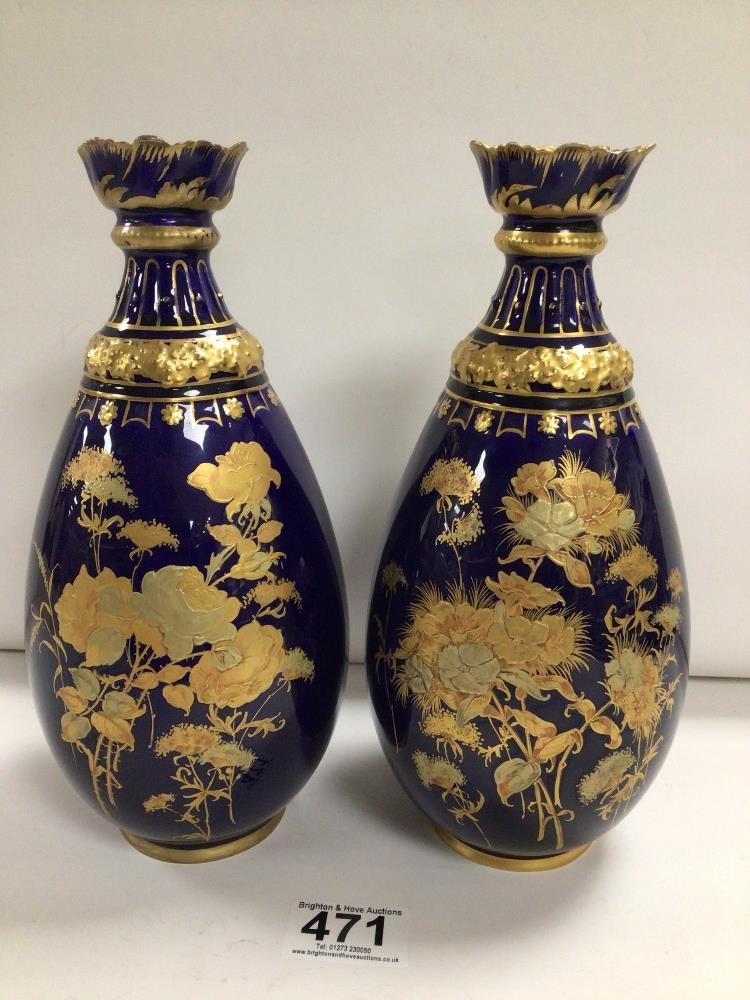 ROYAL CROWN DERBY COBALT BLUE WITH GILT DECORATION PAIR OF VASES, 23CM BOTH SLIGHT DAMAGE TO THE