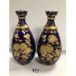 ROYAL CROWN DERBY COBALT BLUE WITH GILT DECORATION PAIR OF VASES, 23CM BOTH SLIGHT DAMAGE TO THE