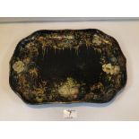 REGENCY BLACK LACQUERED PAPIER-MÂCHÉ RECTANGULAR TRAY WITH FLORAL & GILT-PAINTED DECORATION.