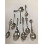 TWO HALLMARKED SILVER PRESERVE SPOONS WITH SIX VARIOUS SILVER AND WHITE METAL SPOONS, 87 GRAMS