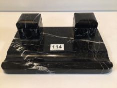 ART DECO BLACK MARBLE INKWELL DESK SET. 28CM X 18CM