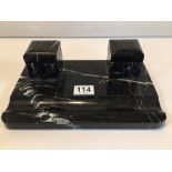 ART DECO BLACK MARBLE INKWELL DESK SET. 28CM X 18CM