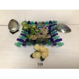 COLOURED GLASS DISH WITH GLASS FRUIT AND PAUA SHELLS AND MORE