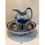 VINTAGE VICTORIA WARE IRONSTONE BLUE AND WHITE FLORAL DESIGN PITCHER AND WATER BASIN SET WITH
