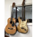 TWO GUITARS, HOHNER 300 ACOUSTIC WITH A VINTAGE ELECTRIC GUITAR