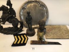SUNDRY OF MILITARIA, INCLUDES BRONZED SCULPTURES, SILVER-PLATED TRAY ‘FREEDOM AND JUSTICE’