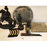 SUNDRY OF MILITARIA, INCLUDES BRONZED SCULPTURES, SILVER-PLATED TRAY ‘FREEDOM AND JUSTICE’