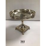 HALLMARKED SILVER LARGE PEDESTAL DISH ON SQUARE BASE, GALLERY DESIGN WITH LION HEADS, 18CM