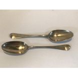 TWO GEORGE II HALLMARKED SILVER TABLESPOONS 1729 AND 1748, 20CM