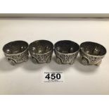 SET OF FOUR VICTORIAN HALLMARKED SILVER EMBOSSED CIRCULAR SALTS, 5CM ON SHELL FEET, 91 GRAMS