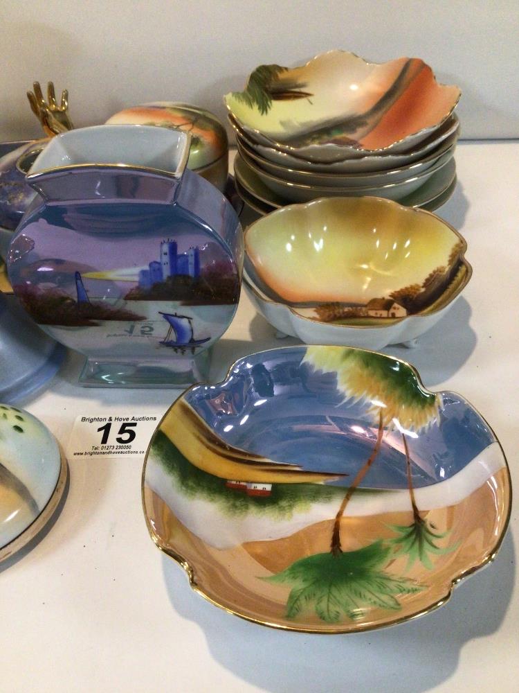 COLLECTION OF NORITAKE WARE PAINTED RIVER LANDSCAPES, INCLUDING PART DRESSING TABLE SET. - Image 2 of 6