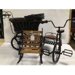 THREE CHILD’S DOLL-SIZED TOYS. CAST IRON BICYCLE WITH SIDECAR, VICTORIAN PRAM, AND WOODEN/CAST