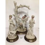 THREE SIGNED A. BALCARI CAPODIMONTE PORCELAIN FIGURINES ON WOODEN BASES, THE LARGEST 42CM HIGH.