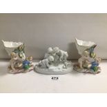 PAIR OF CONTINENTAL PORCELAIN FIGURE, PUTTI SUPPORTING SHELLS, 15CM WITH WHITE GLAZED GROUP-CHILDREN