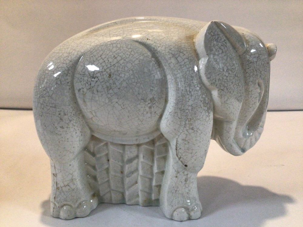 FRENCH ART DECO 1930S SAINT CLEMENT GEOMETRIC CRACKLE GLAZE CERAMIC ELEPHANT A/F, 22CM - Image 2 of 2